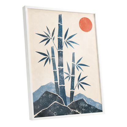 Bamboo at Sundown, blue, beige, orange nature wall art shown as a white framed poster wall art print