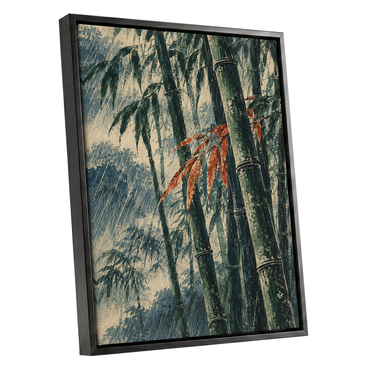 Bamboo Rainfall, green, beige, blue nature wall art shown as a black framed canvas wall art