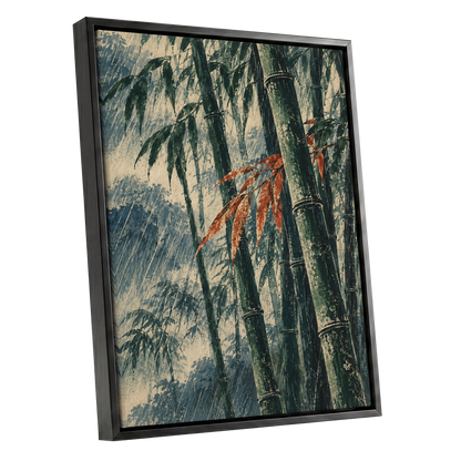 Bamboo Rainfall, green, beige, blue nature wall art shown as a black framed canvas wall art