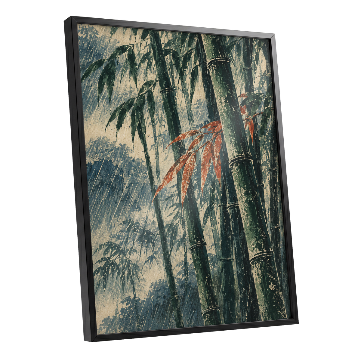 Bamboo Rainfall, green, beige, blue nature wall art shown as a black framed poster wall art print