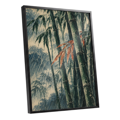 Bamboo Rainfall, green, beige, blue nature wall art shown as a black framed poster wall art print