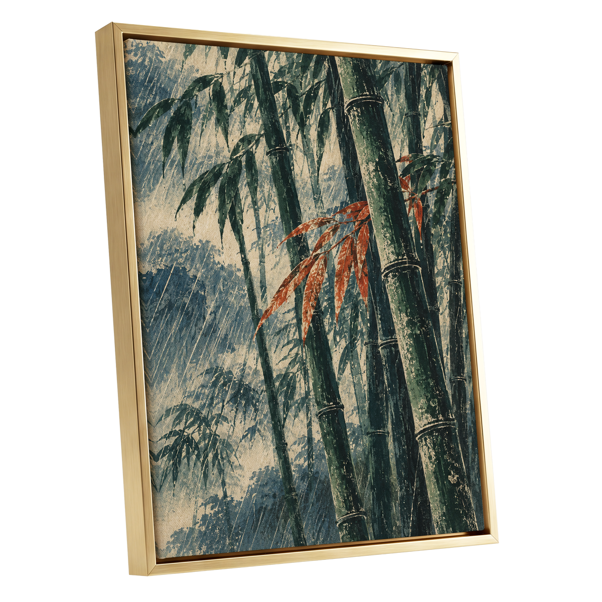 Bamboo Rainfall, green, beige, blue nature wall art shown as a gold framed canvas wall art
