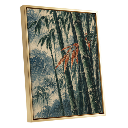 Bamboo Rainfall, green, beige, blue nature wall art shown as a gold framed canvas wall art