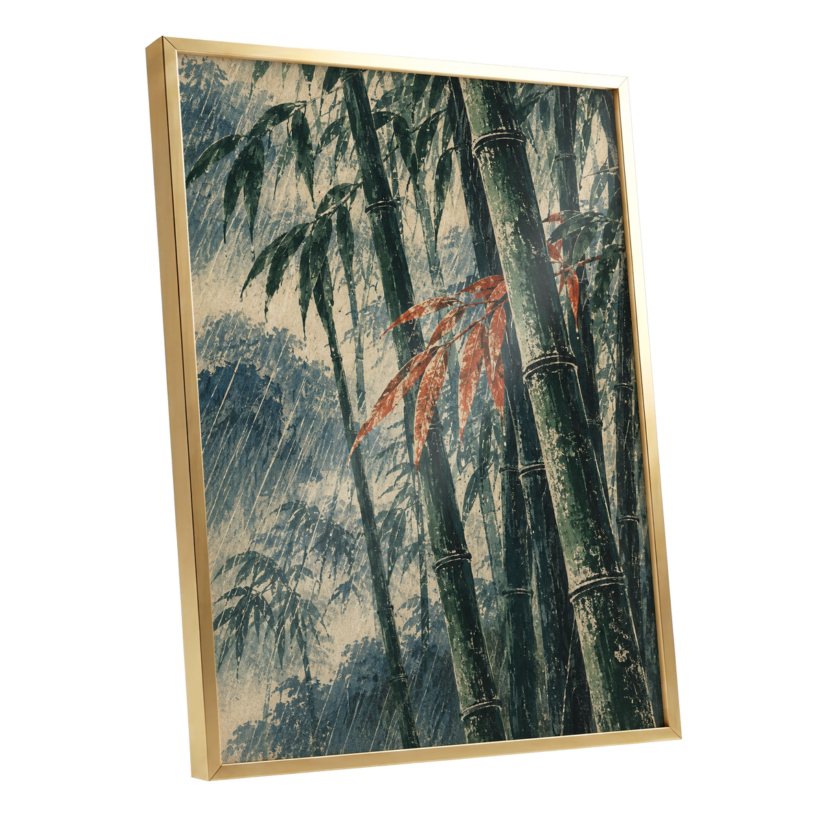 Bamboo Rainfall, green, beige, blue nature wall art shown as a gold framed poster wall art print
