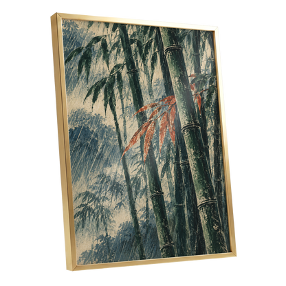 Bamboo Rainfall, green, beige, blue nature wall art shown as a gold framed poster wall art print
