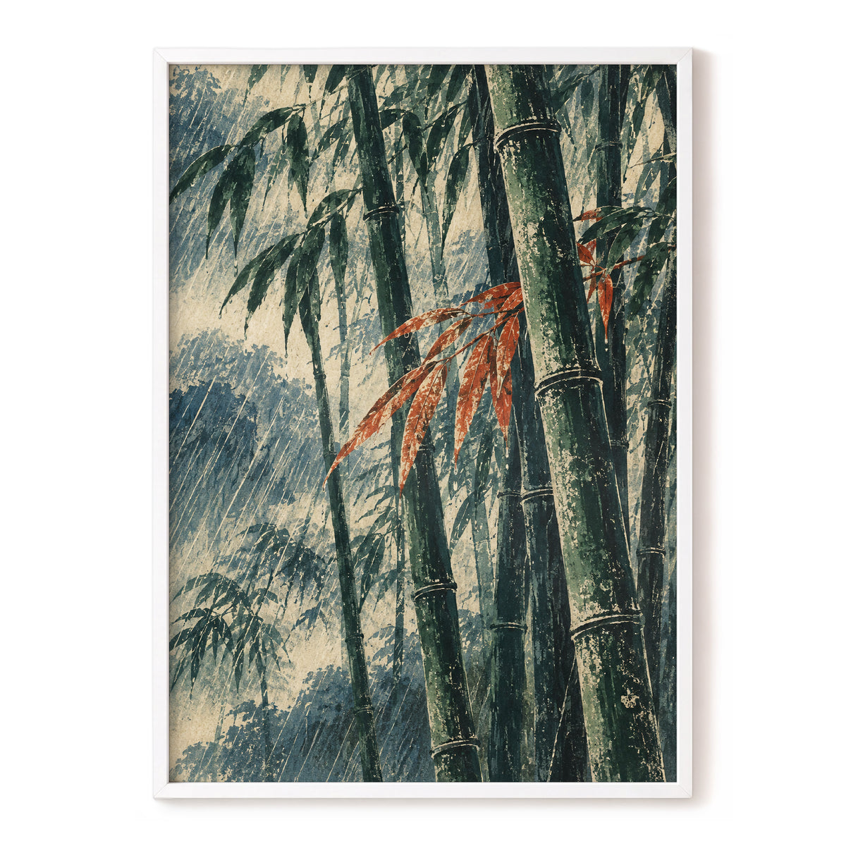 Bamboo Rainfall, green, beige, blue nature wall art, front artwork view