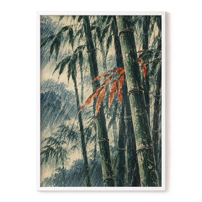 Bamboo Rainfall, green, beige, blue nature wall art, front artwork view