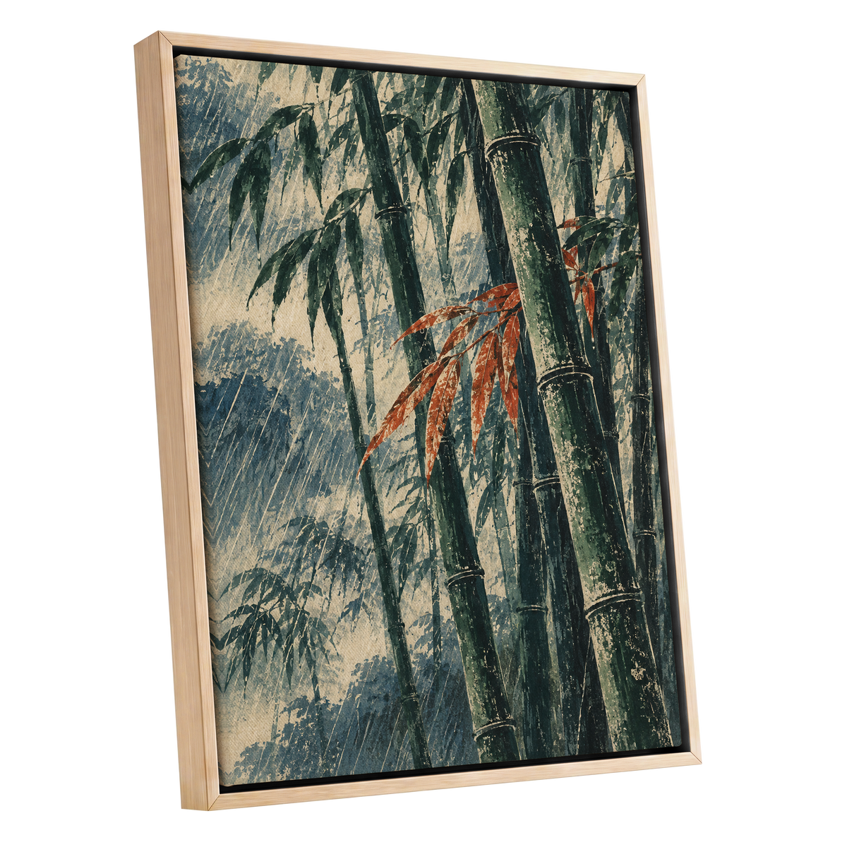 Bamboo Rainfall, green, beige, blue nature wall art shown as a oak framed canvas wall art