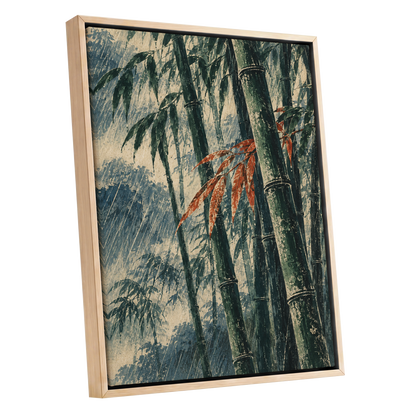 Bamboo Rainfall, green, beige, blue nature wall art shown as a oak framed canvas wall art