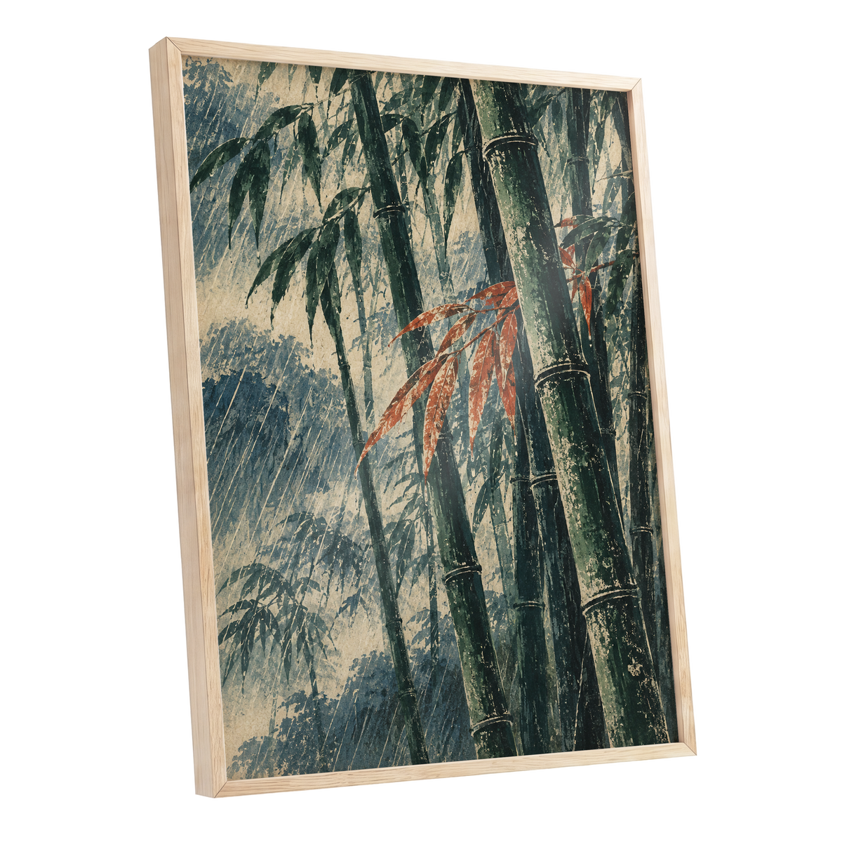 Bamboo Rainfall, green, beige, blue nature wall art shown as a oak framed poster wall art print