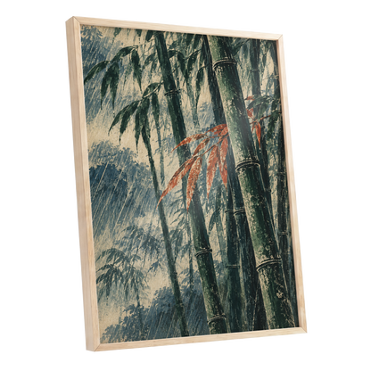 Bamboo Rainfall, green, beige, blue nature wall art shown as a oak framed poster wall art print