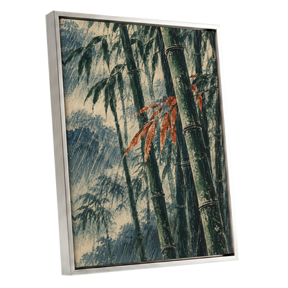 Bamboo Rainfall, green, beige, blue nature wall art shown as a silver framed canvas wall art