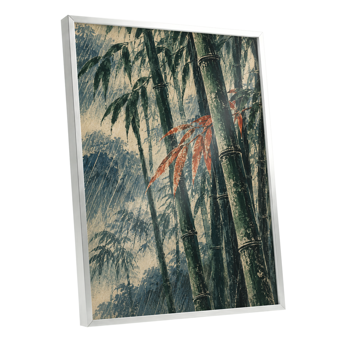 Bamboo Rainfall, green, beige, blue nature wall art shown as a silver framed poster wall art print