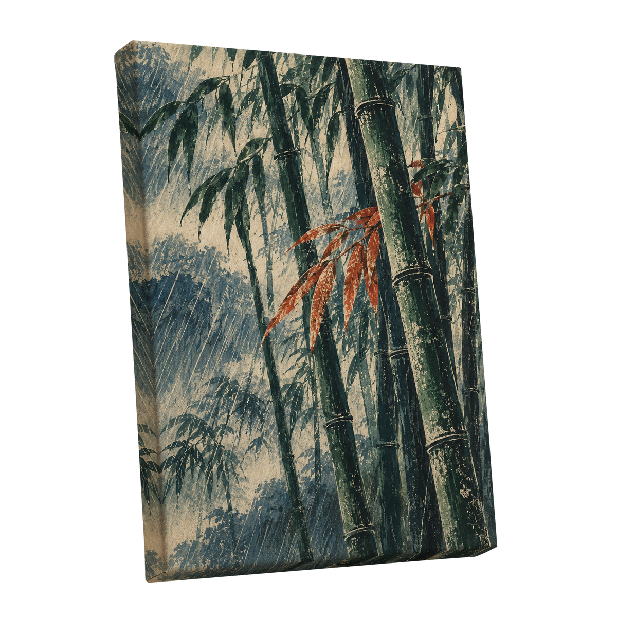 Bamboo Rainfall, green, beige, blue nature wall art shown as a stretched canvas wall art