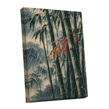 Bamboo Rainfall, green, beige, blue nature wall art shown as a stretched canvas wall art