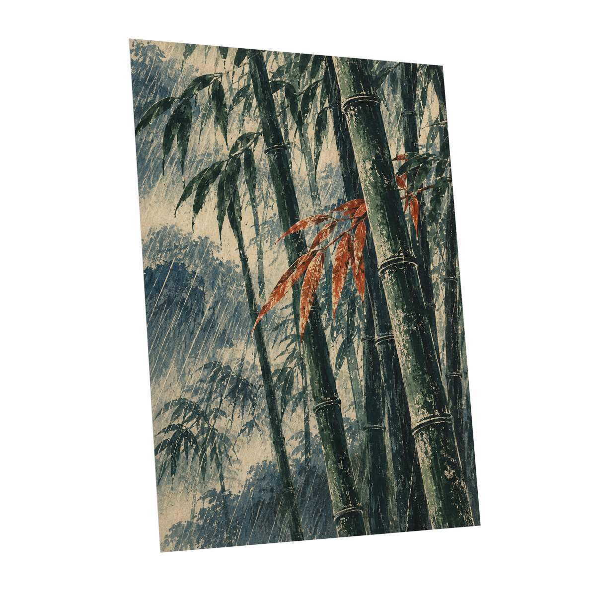 Bamboo Rainfall, green, beige, blue nature wall art shown as a unframed poster wall art print
