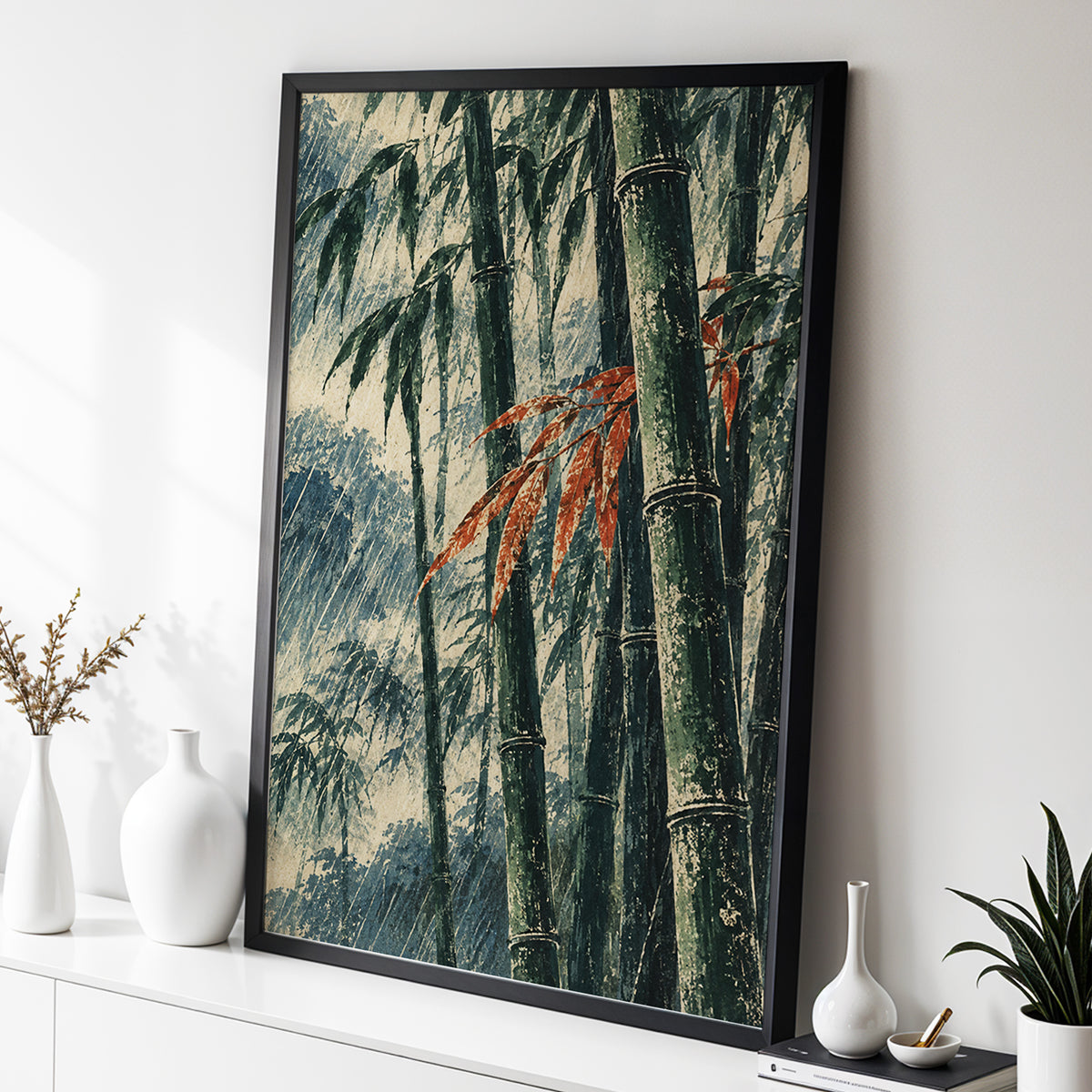 Bamboo Rainfall, green, beige, blue nature wall art displayed in a styled interior, gallery view 2