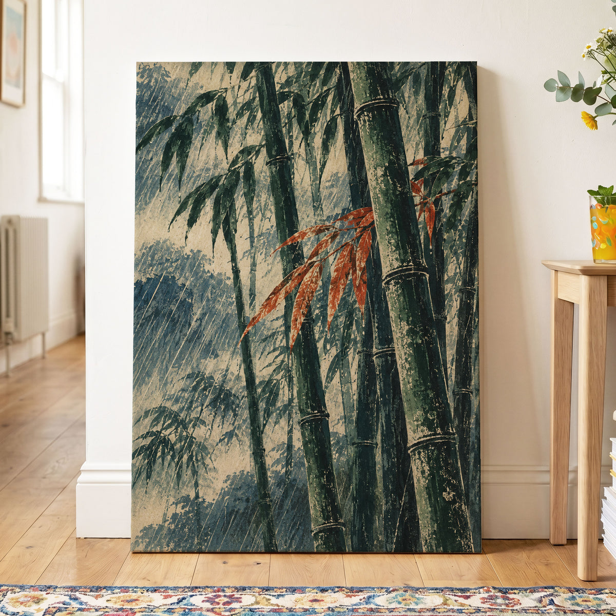 Bamboo Rainfall, green, beige, blue nature wall art displayed in a styled interior, gallery view 3