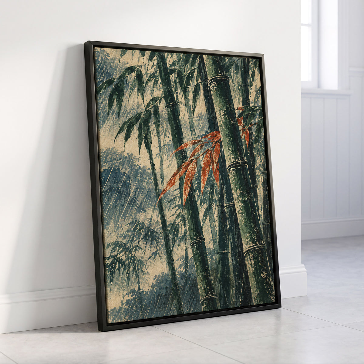 Bamboo Rainfall, green, beige, blue nature wall art displayed in a styled interior, gallery view 4