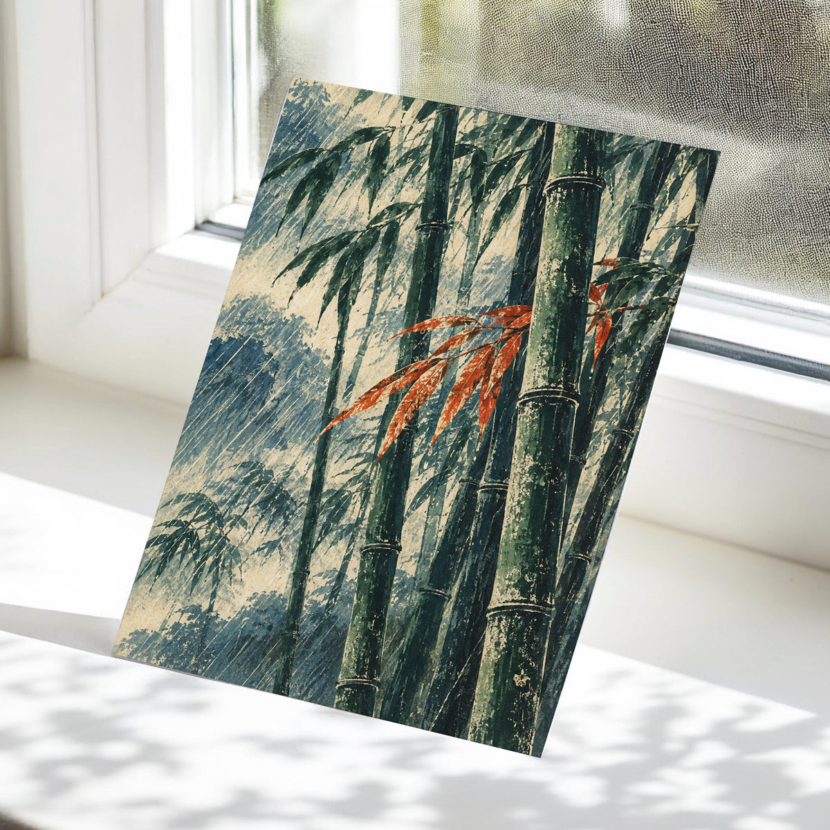 Bamboo Rainfall, green, beige, blue nature wall art displayed in a styled interior, gallery view 5