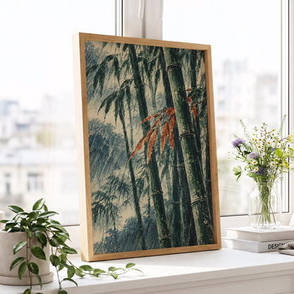 Bamboo Rainfall, green, beige, blue nature wall art displayed in a styled interior, gallery view 6