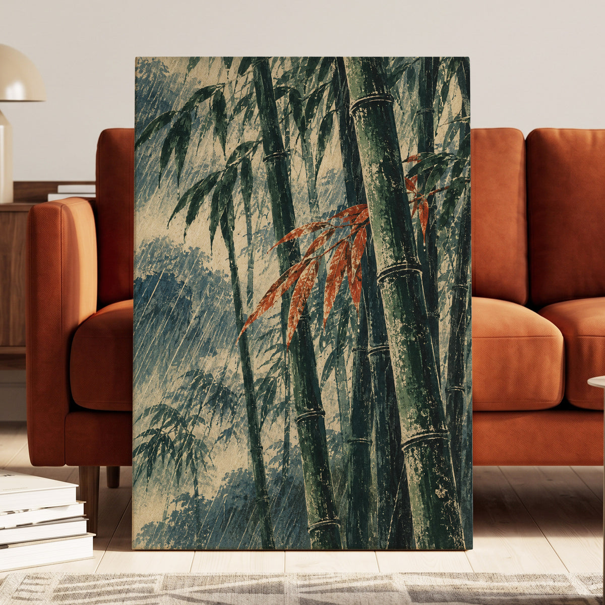 Bamboo Rainfall, green, beige, blue nature wall art displayed in a styled interior, gallery view 7