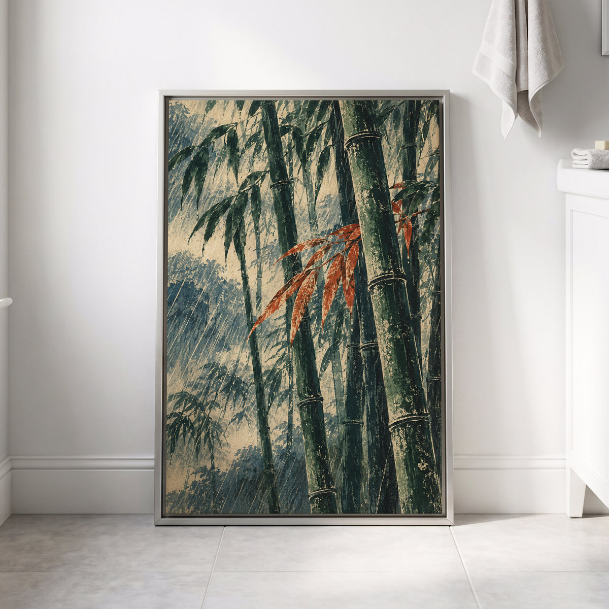 Bamboo Rainfall, green, beige, blue nature wall art displayed in a styled interior, gallery view 8