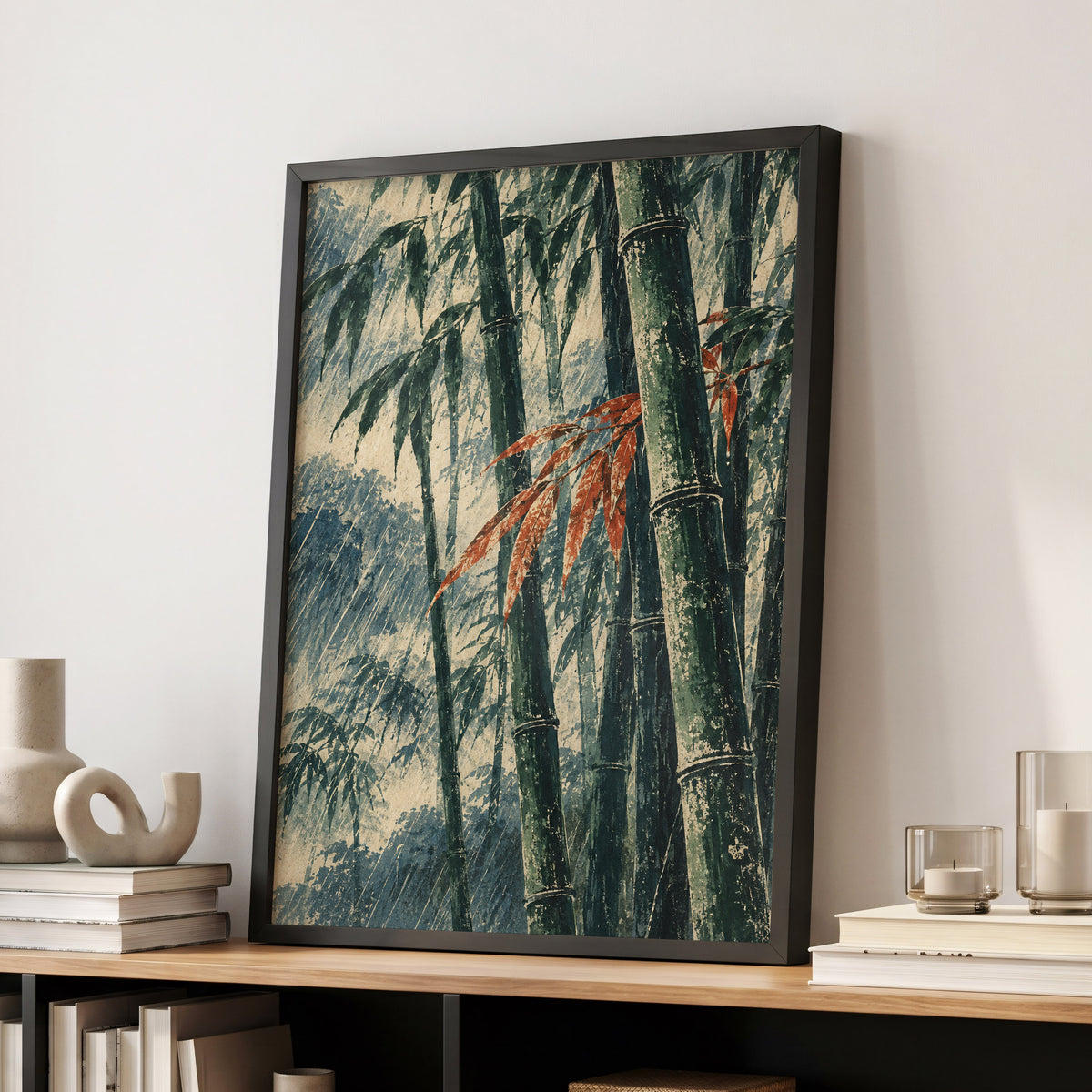 Bamboo Rainfall, green, beige, blue nature wall art displayed in a styled interior, gallery view 9