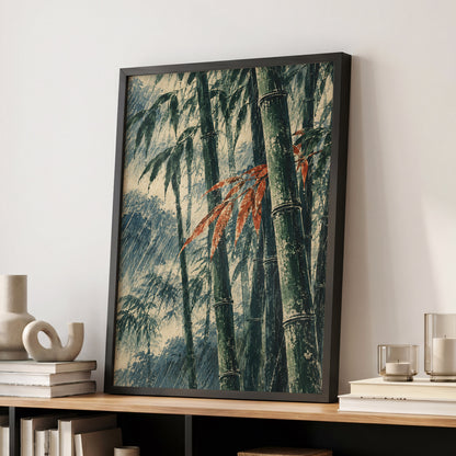 Bamboo Rainfall, green, beige, blue nature wall art displayed in a styled interior, gallery view 9