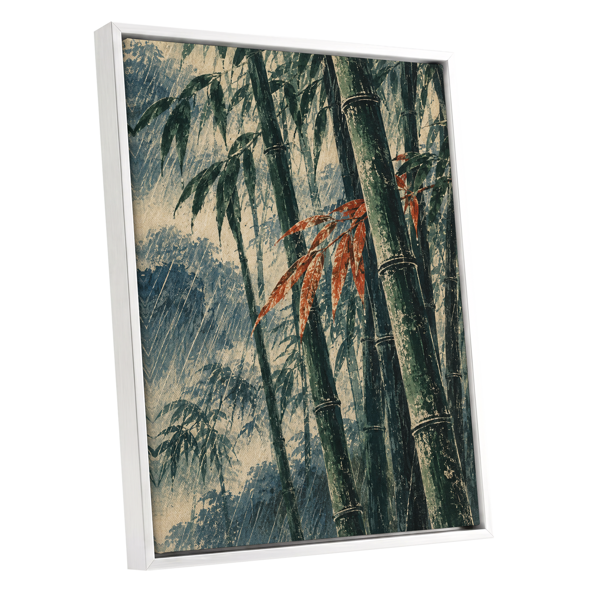 Bamboo Rainfall, green, beige, blue nature wall art shown as a white framed canvas wall art