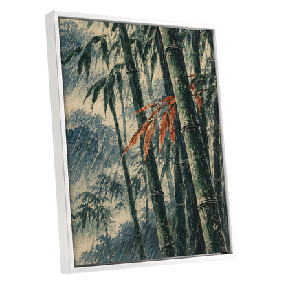 Bamboo Rainfall, green, beige, blue nature wall art shown as a white framed canvas wall art