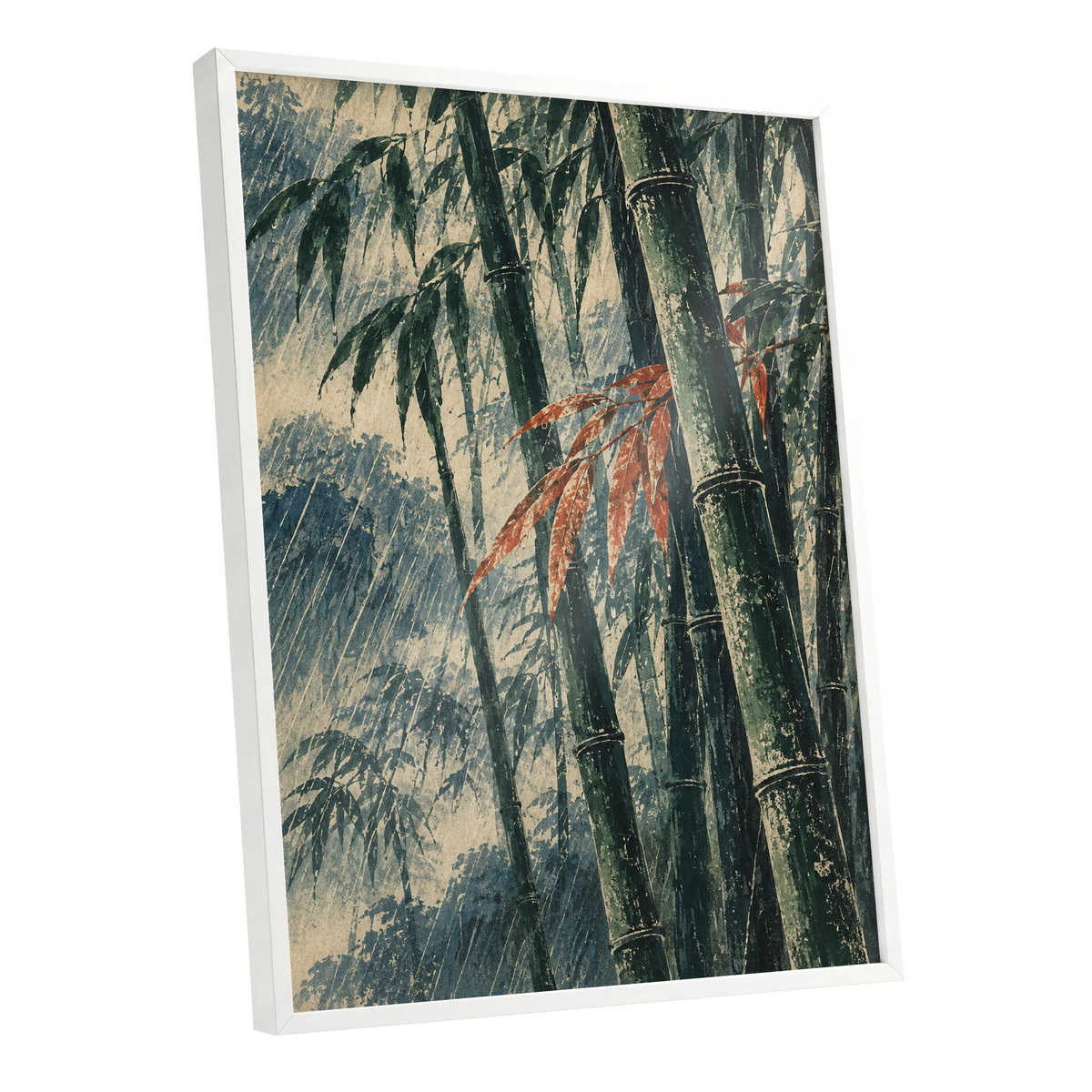 Bamboo Rainfall, green, beige, blue nature wall art shown as a white framed poster wall art print