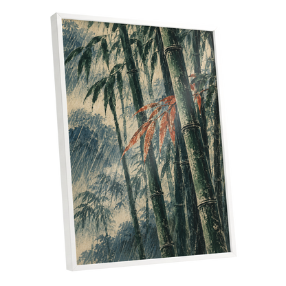 Bamboo Rainfall, green, beige, blue nature wall art shown as a white framed poster wall art print