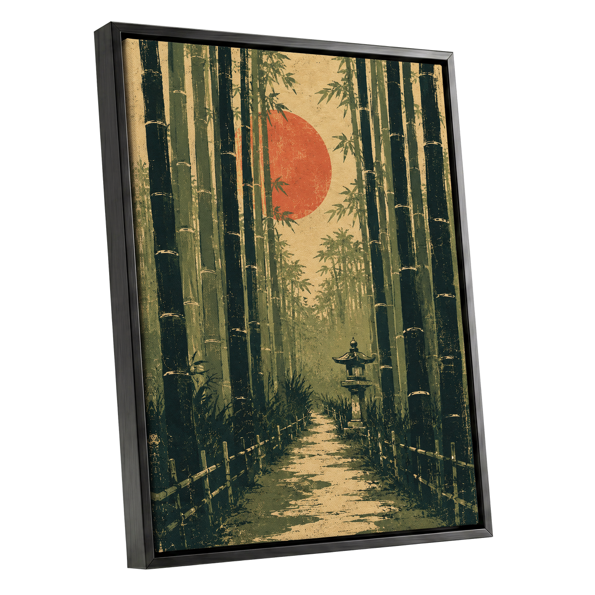 Bamboo Sun Passage, green, beige, orange nature wall art shown as a black framed canvas wall art