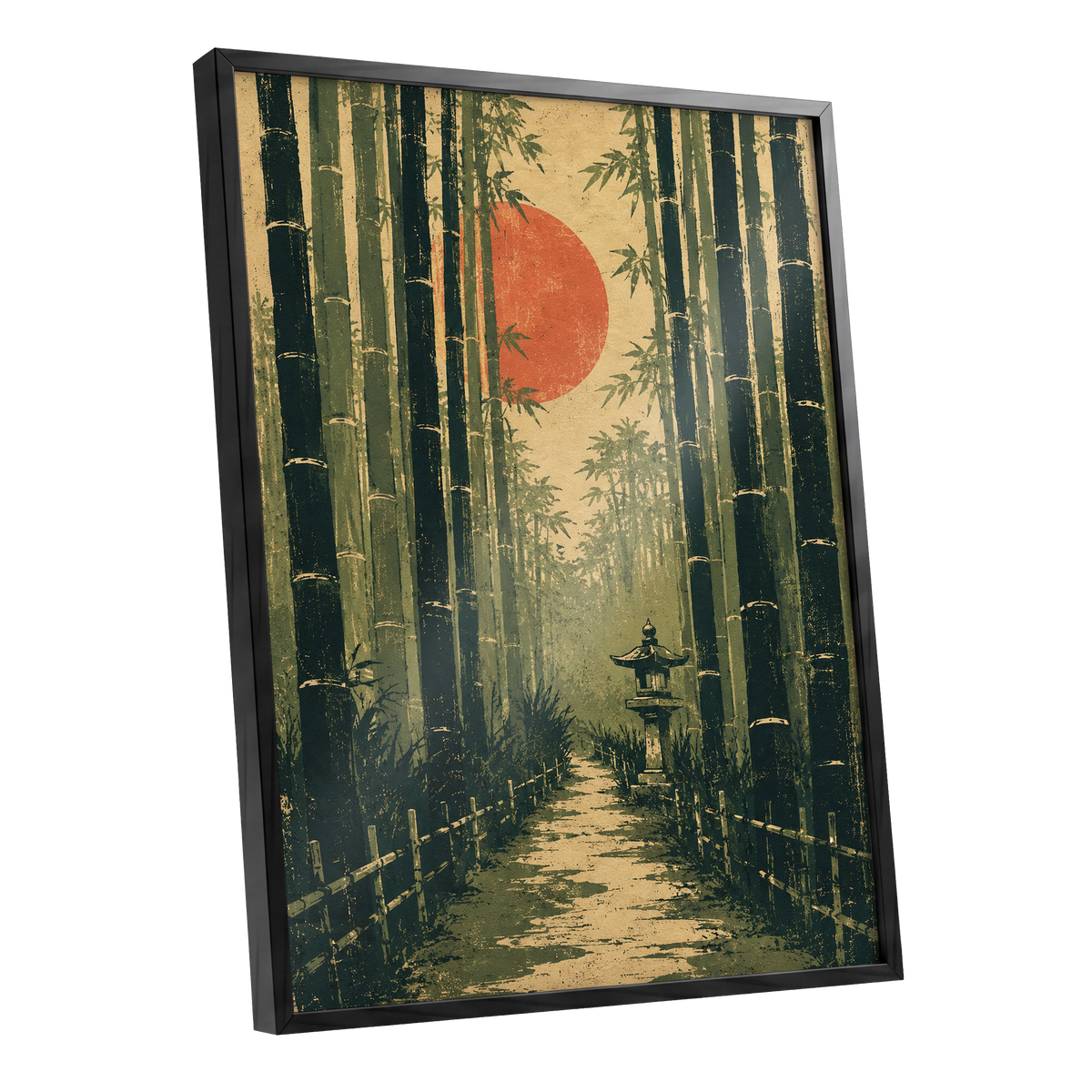 Bamboo Sun Passage, green, beige, orange nature wall art shown as a black framed poster wall art print