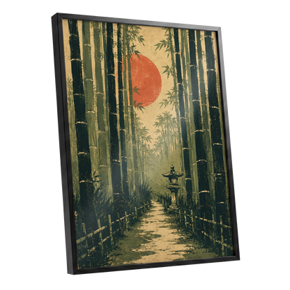 Bamboo Sun Passage, green, beige, orange nature wall art shown as a black framed poster wall art print