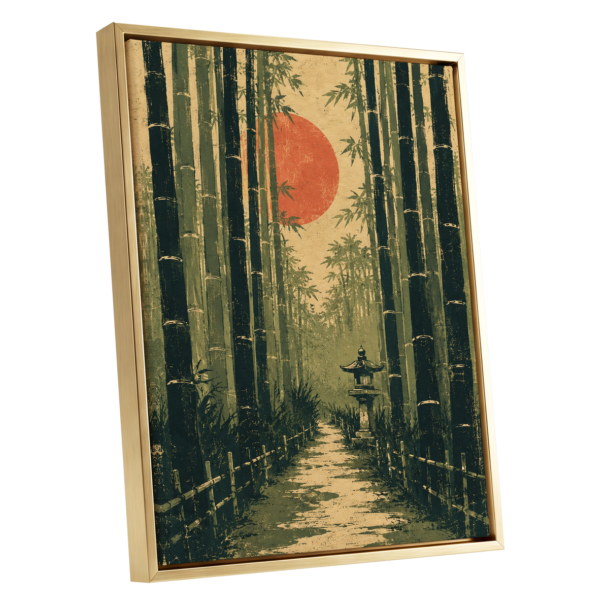 Bamboo Sun Passage, green, beige, orange nature wall art shown as a gold framed canvas wall art