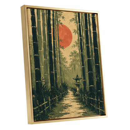 Bamboo Sun Passage, green, beige, orange nature wall art shown as a gold framed canvas wall art