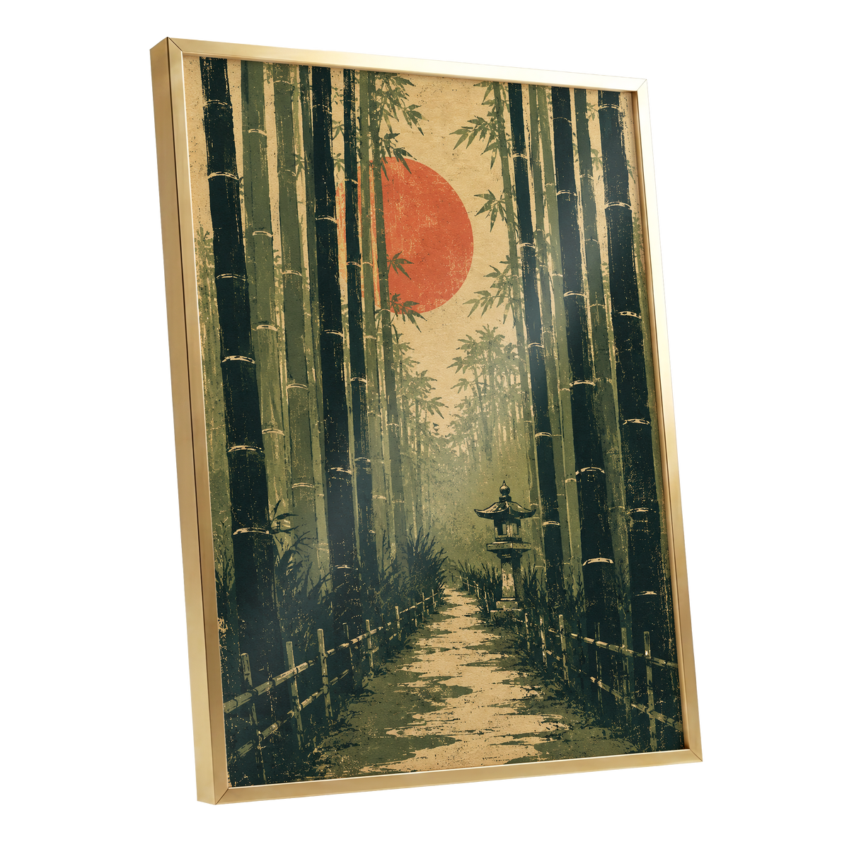Bamboo Sun Passage, green, beige, orange nature wall art shown as a gold framed poster wall art print