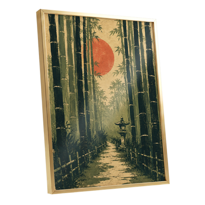 Bamboo Sun Passage, green, beige, orange nature wall art shown as a gold framed poster wall art print