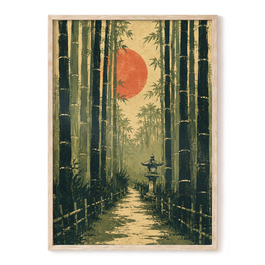 Bamboo Sun Passage, green, beige, orange nature wall art, front artwork view