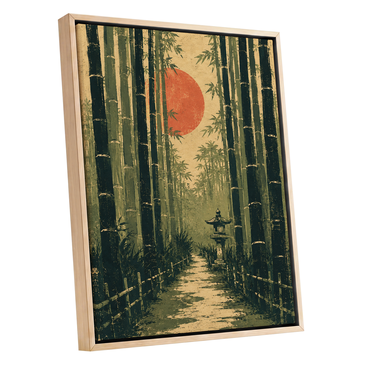 Bamboo Sun Passage, green, beige, orange nature wall art shown as a oak framed canvas wall art
