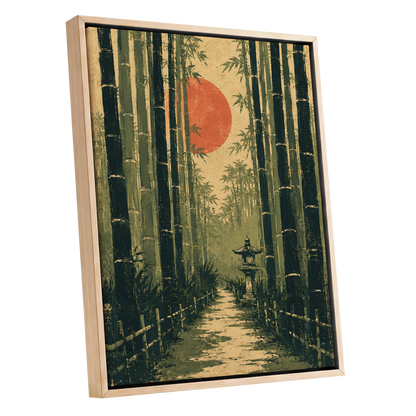 Bamboo Sun Passage, green, beige, orange nature wall art shown as a oak framed canvas wall art
