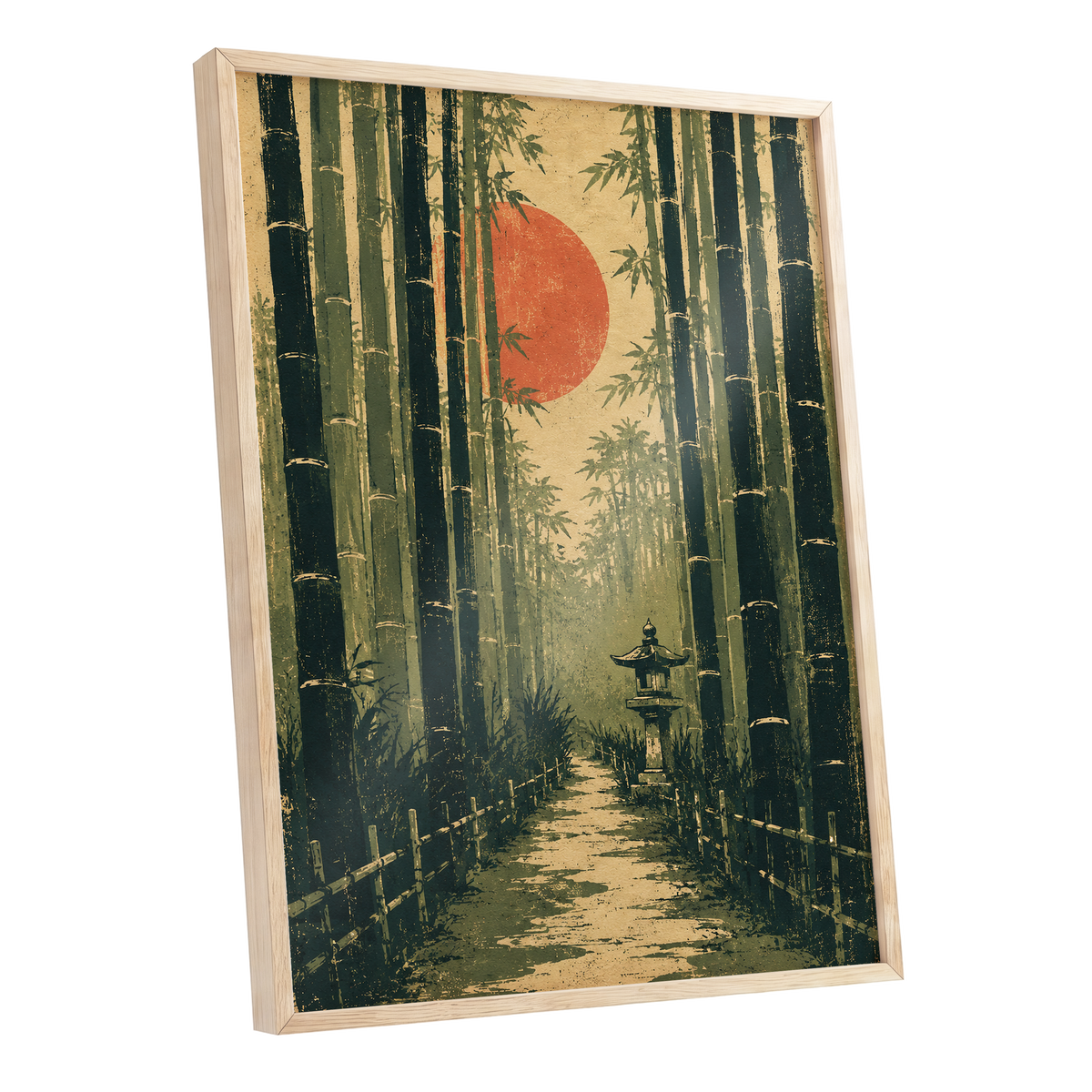 Bamboo Sun Passage, green, beige, orange nature wall art shown as a oak framed poster wall art print