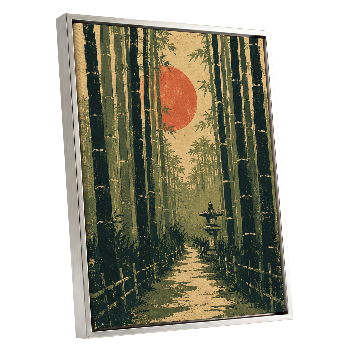 Bamboo Sun Passage, green, beige, orange nature wall art shown as a silver framed canvas wall art