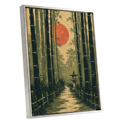 Bamboo Sun Passage, green, beige, orange nature wall art shown as a silver framed canvas wall art