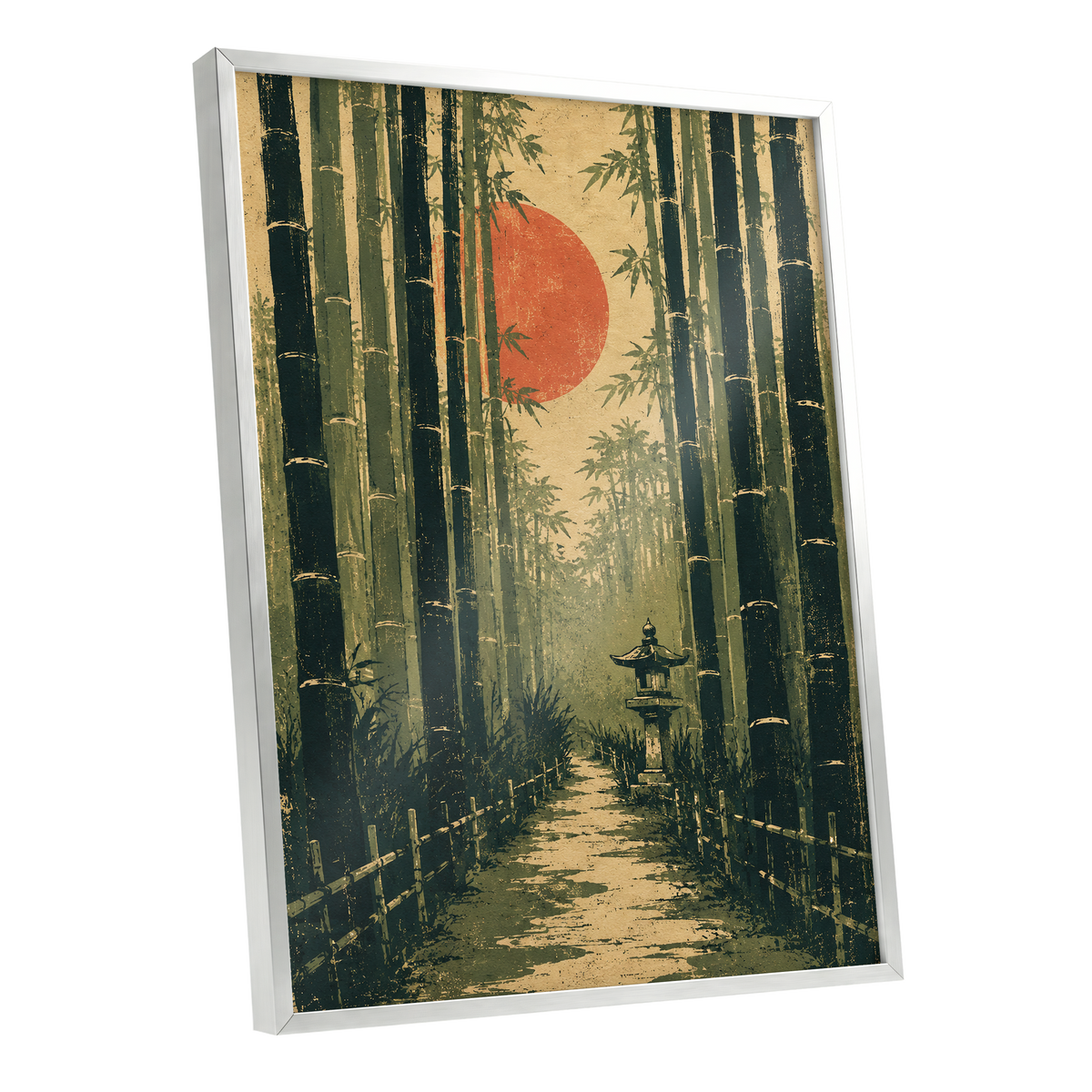 Bamboo Sun Passage, green, beige, orange nature wall art shown as a silver framed poster wall art print