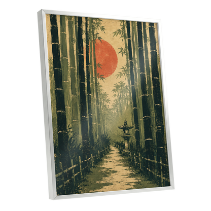 Bamboo Sun Passage, green, beige, orange nature wall art shown as a silver framed poster wall art print