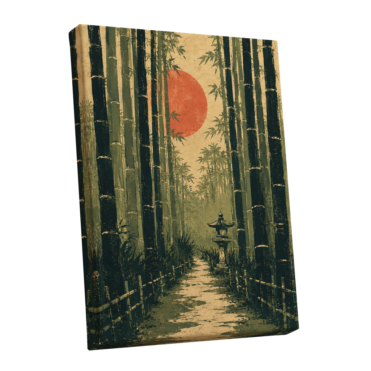 Bamboo Sun Passage, green, beige, orange nature wall art shown as a stretched canvas wall art