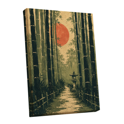 Bamboo Sun Passage, green, beige, orange nature wall art shown as a stretched canvas wall art